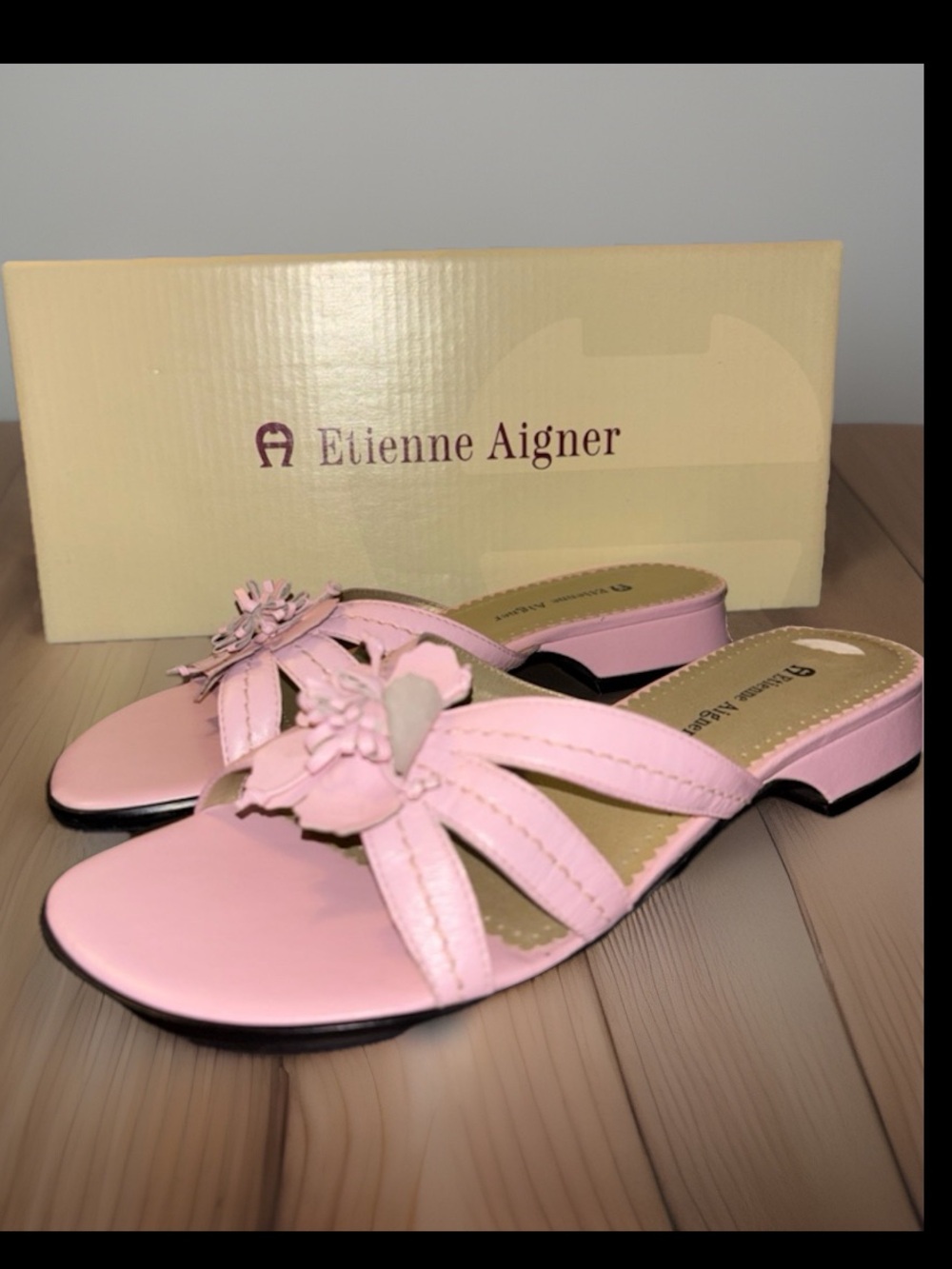 Vintage pink Etienne Aigner leather kitten heel mule sandals, Women’s size 6.5